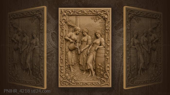 Three women with bucket and barrel 3d STL model