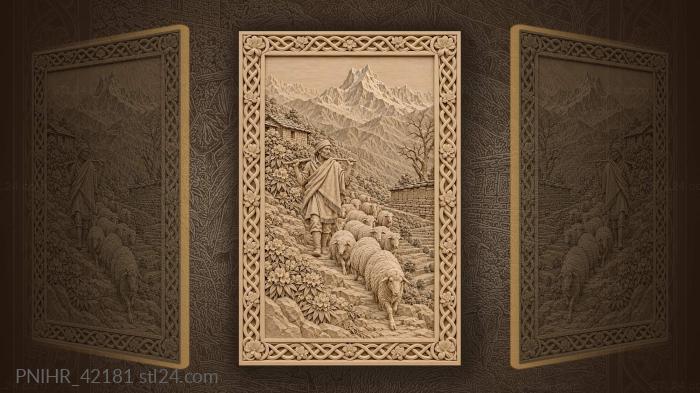 Shepherd guides flock down flowering terraces 3d STL model
