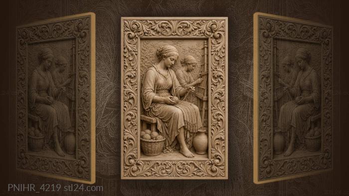 Women weaving yarn peaceful scene 3d STL model