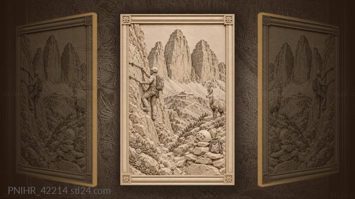 Mountaineer crosses scree above distant hut 3d STL model