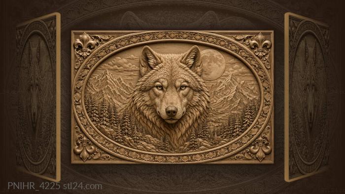 Moon and mountains behind wolf head 3d STL model