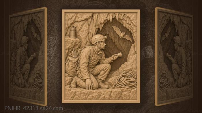 Caver exploring dark limestone cave 3d STL model