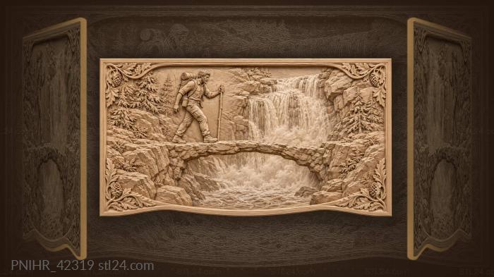 Hiker on mountain bridge waterfall 3d STL model