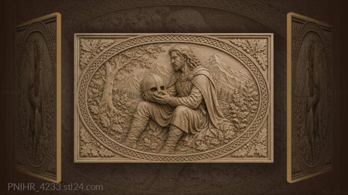 Seated man holding helmet near peaks 3d STL model