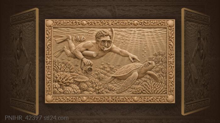 Diver swims above coral reef 3d STL model
