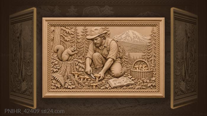 Mushroom hunter gathers beside squirrel 3d STL model