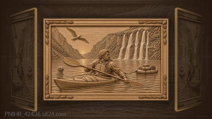 Kayaker paddles past seal and waterfall 3d STL model