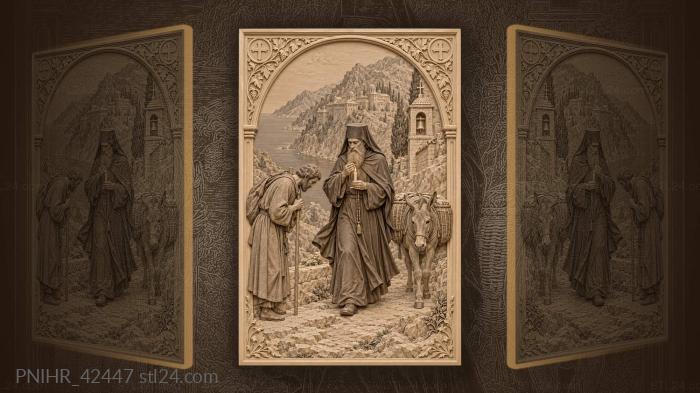 Silent monk guides traveler past laden donkey 3d STL model