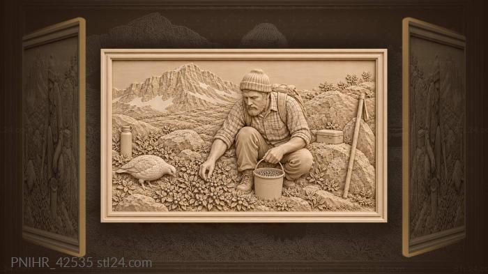 Ptarmigan pecks near working berry picker 3d STL model