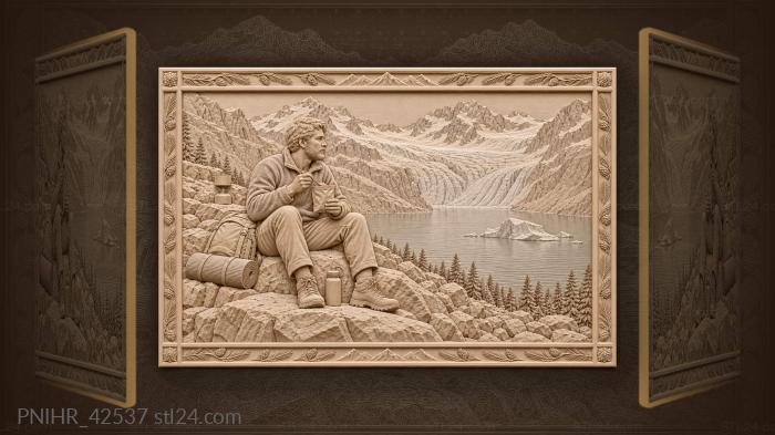 Iceberg drifts past backpacker having lunch 3d STL model