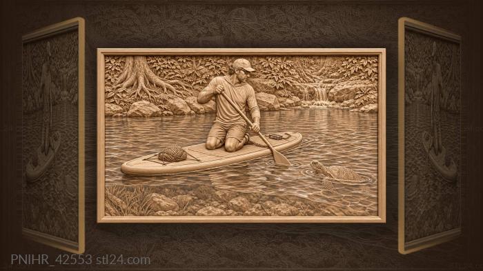 Paddler and turtle on river 3d STL model