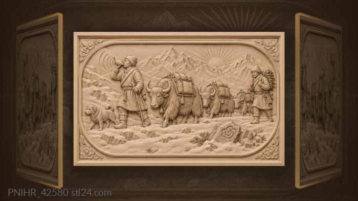 Herder sounds conch while yaks cross snow 3d STL model