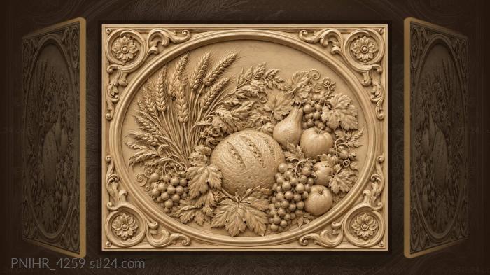 Round loaf on greenery between wheat and pears 3d STL model