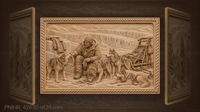 Musher feeding huskies near icefall 3d STL model