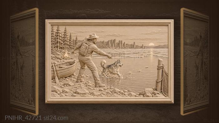 Hiker skips stones beside husky 3d STL model