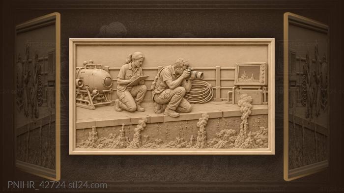 Scientist logs readings beside glowing sonar 3d STL model
