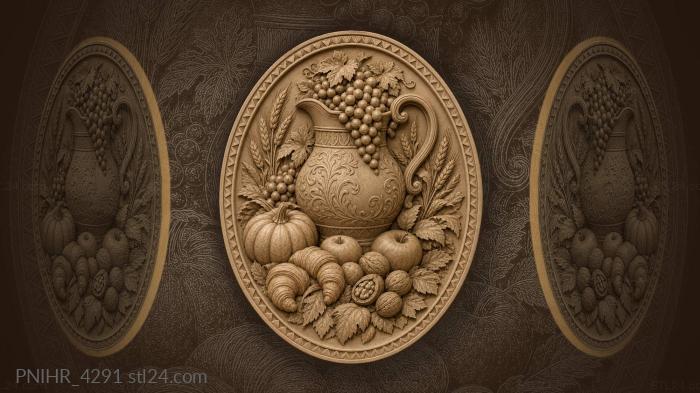 Croissants and nuts around an ornate pitcher 3d STL model