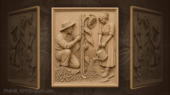 Woman waters roots while gardener binds stalk 3d STL model