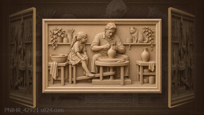 Daughter drives wheel as potter shapes vase 3d STL model