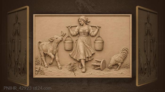 Milkmaid with calf and rooster 3d STL model