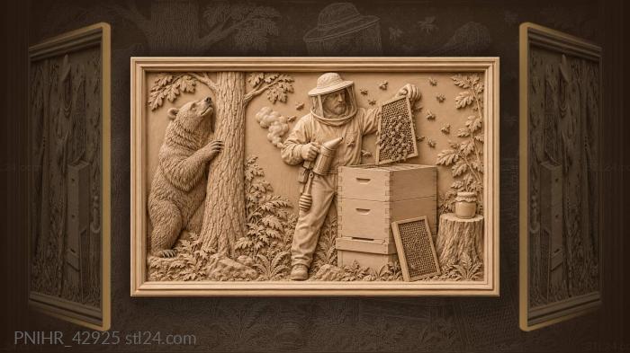 Honey thief rises behind the working beekeeper 3d STL model
