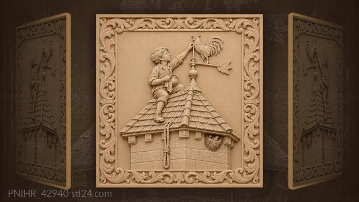 Boy with cockerel atop tower 3d STL model