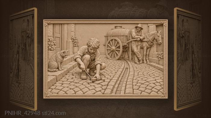 Boy prying a sett from paving 3d STL model