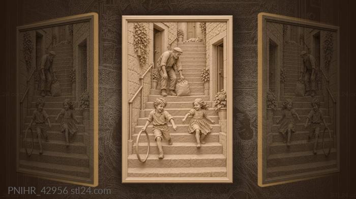 Porter resting while children roll a hoop 3d STL model