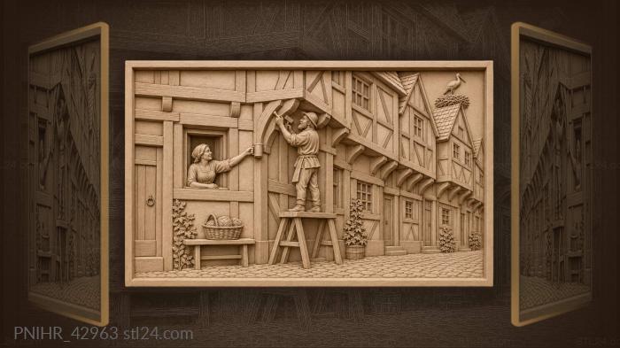 Carpenter mending timbers under stork nest 3d STL model
