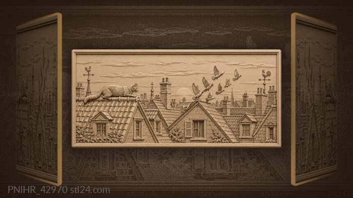 Sunset rooftops and watchful cat 3d STL model