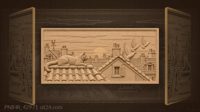 Rooftops at sunset with cat and pigeons 3d STL model