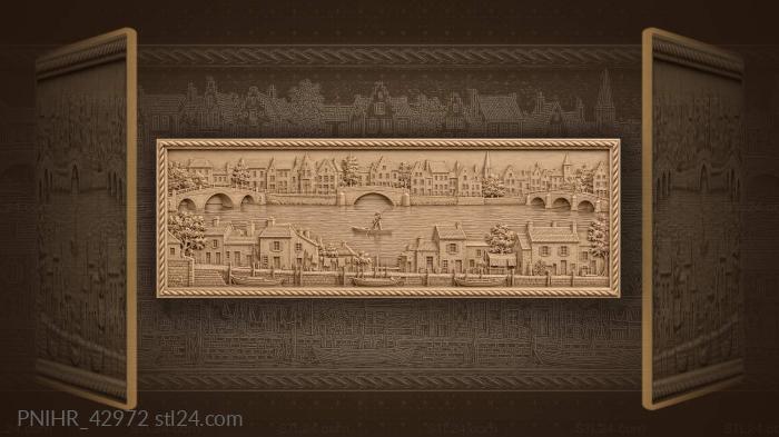 Riverside town with bridges ferryman 3d STL model