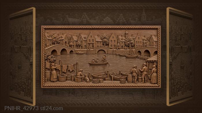 Riverside town with bustling bridges 3d STL model