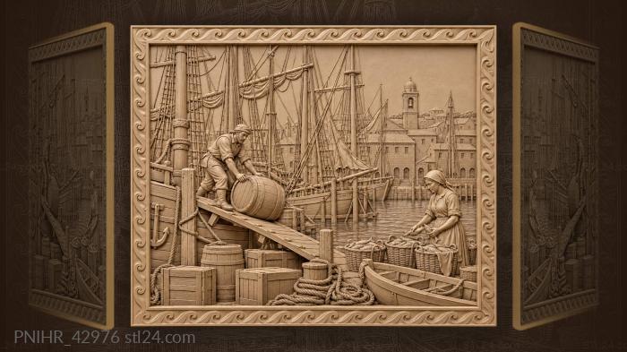 Busy harbor town and sea life 3d STL model