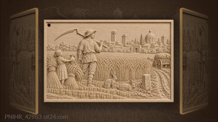 Golden field town distant towers 3d STL model