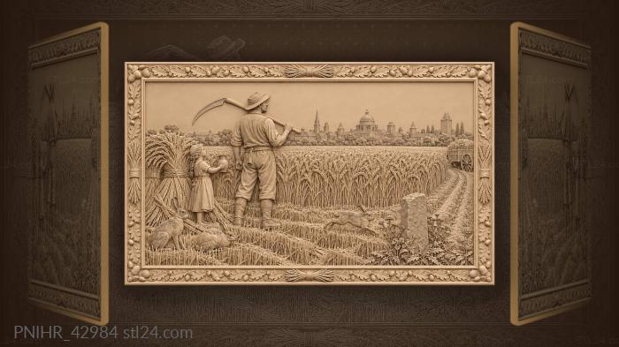 Golden fields distant town harvest time 3d STL model