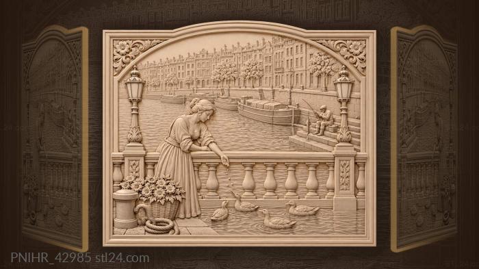 Woman feeds ducks above the moored barges 3d STL model