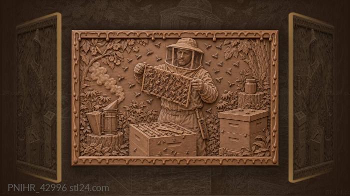 Beekeeper inspects honeycomb at apiary 3d STL model