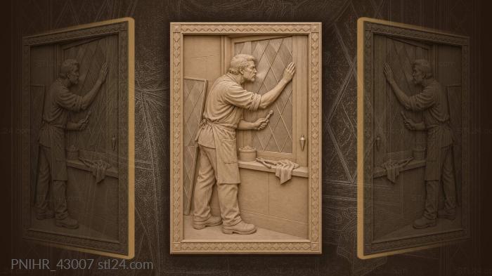 Glazier fits stained glass into frame 3d STL model