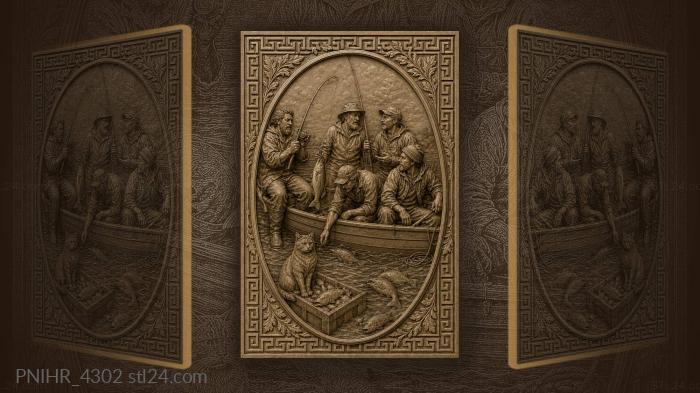 Fishermen in a small boat with cat 3d STL model