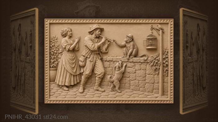 Flute player entertains monkey by wall 3d STL model