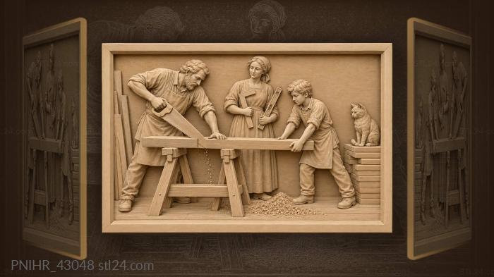 Apprentice helps carpenter saw plank 3d STL model