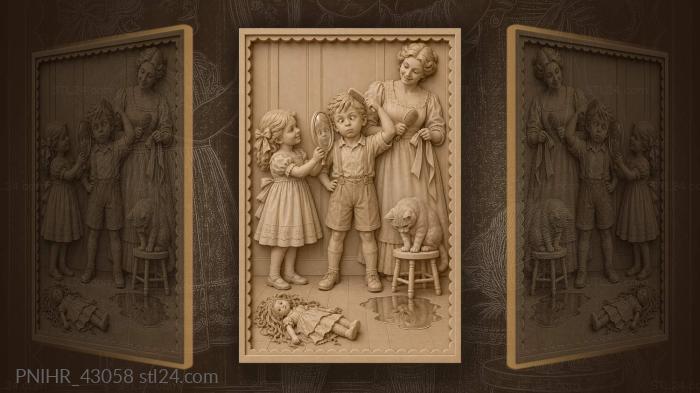 Boy combs hair as girl holds mirror 3d STL model