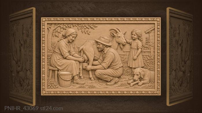 Child calms the goat while woman milks 3d STL model