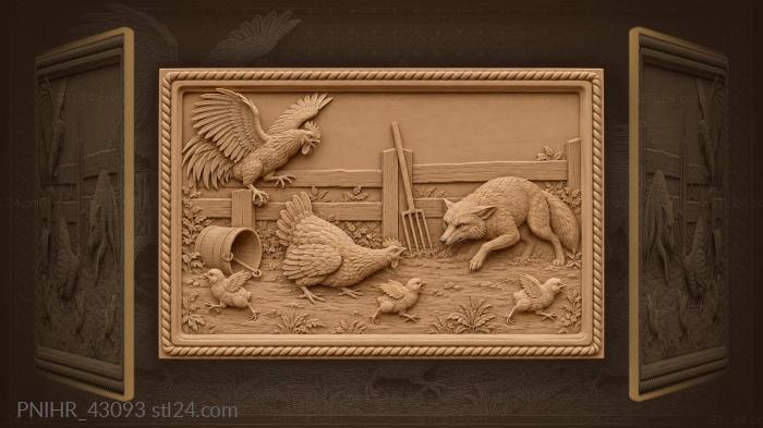 Fox hen rooster farm scene 3d STL model