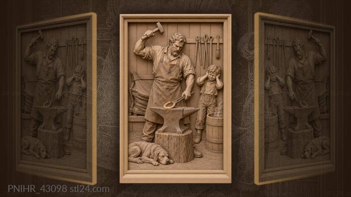 Dog sleeps beside hammering blacksmith and boy 3d STL model