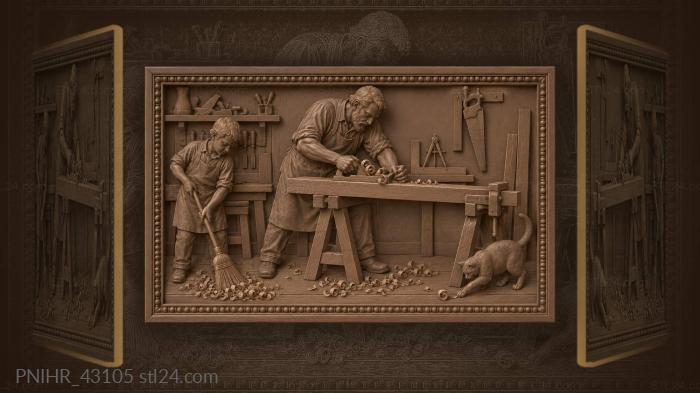 Boy sweeps shavings behind carpenter 3d STL model