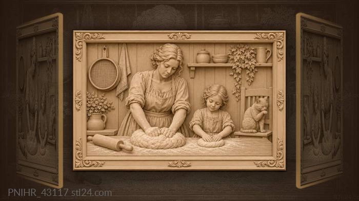 Child shapes bread beside mother 3d STL model