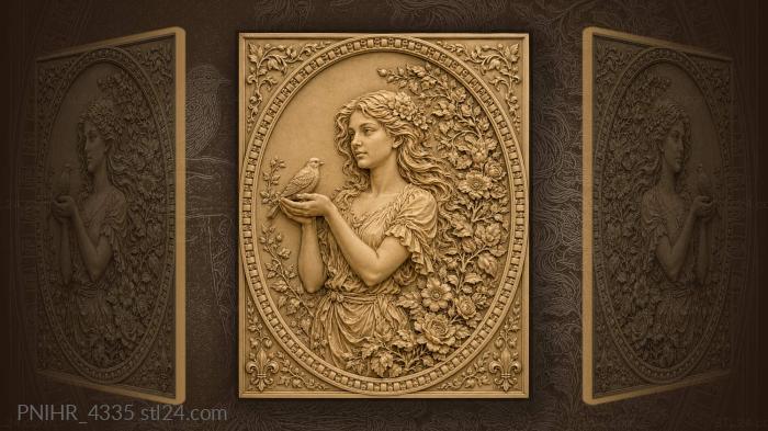 Bird in her hands among climbing flowers 3d STL model