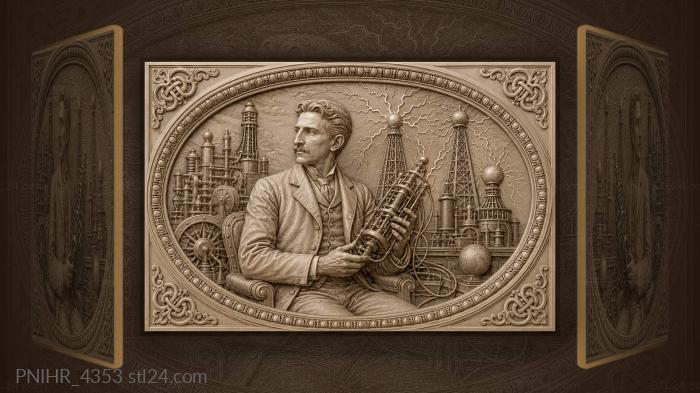 Nikola Tesla with coil and towers 3d STL model